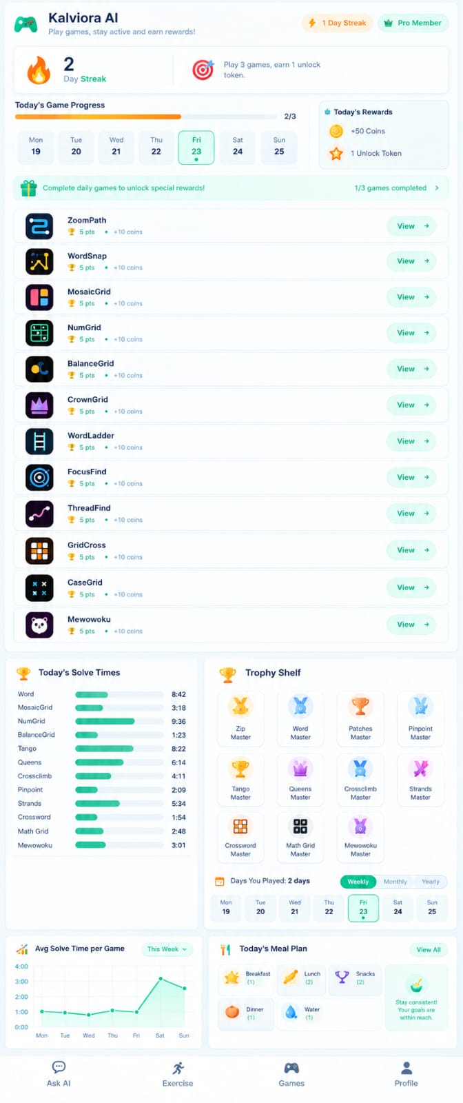 Daily games list with streak