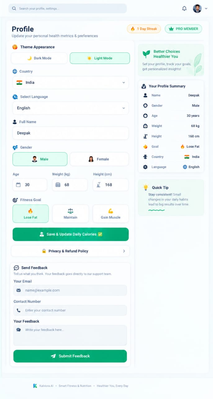 Profile, language and country settings